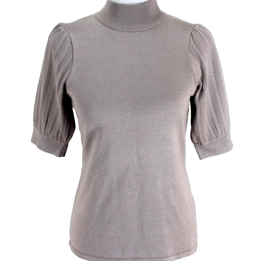 128. Tahari Taupe Balloon Half Sleeve Knit Mock Neck Sweater